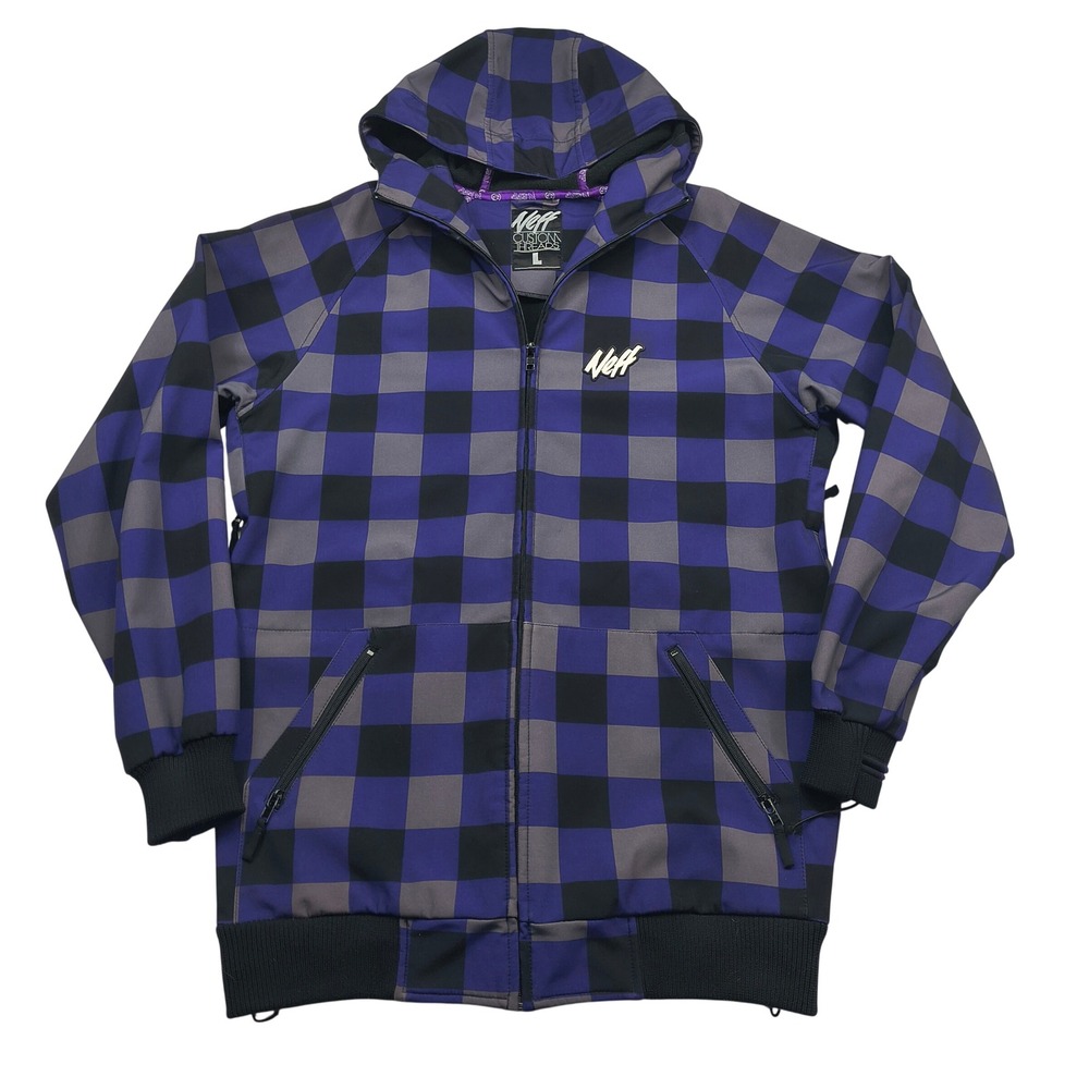 Neff Custom Threads Men Large Purple Black Buffalo Plaid Softshell Hoodie Jacket